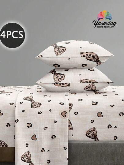 4件套豹纹蝴蝶结床上用品套装，柔软超细纤维面料，花卉图案（1张床单+1个床裙+2个枕套），适用于单人床、双人床、大号床、特大号床，深口袋床裙设计，可容纳厚度达11.8英寸的床裙，柔软透气，抗皱，奢华酒店风格，是送给父母、朋友或宿舍的理想礼物
