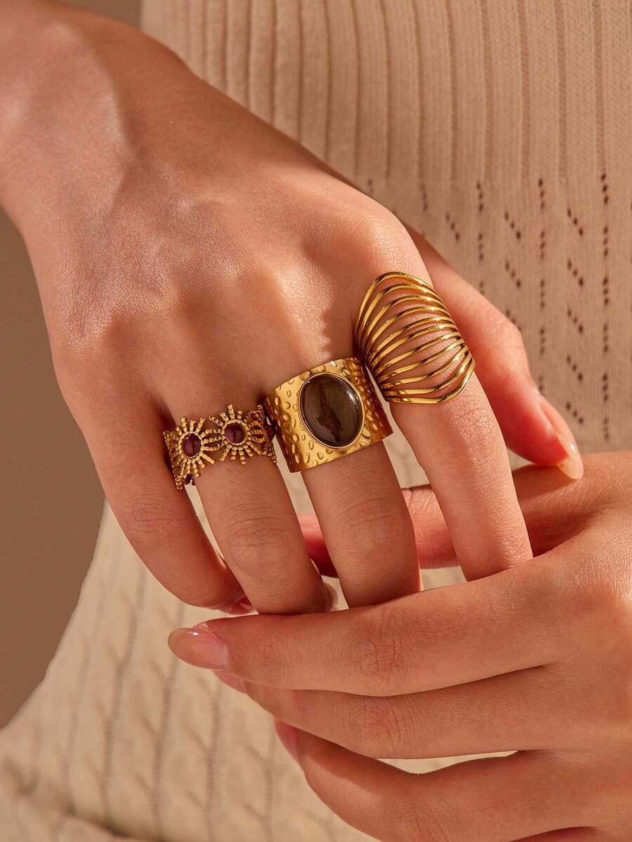 3 件套不锈钢金色戒指，镶嵌棕色虎眼石，适合日常佩戴或送礼 - 金黃色 - 查看 1