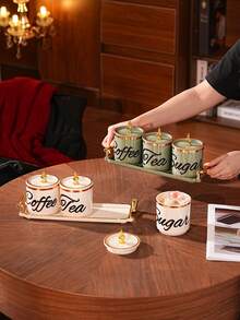 1 Set Plastic Multi-Function Storage Jars Sealed Canisters Tray Set For Grains, Candies, Cookies, Bread, Suitable For Outdoor, Wedding, Party, Gift, Birthday, Used To Store Sugar, Coffee, Tea, Decorated With Tea, Coffee, Sugar Labels