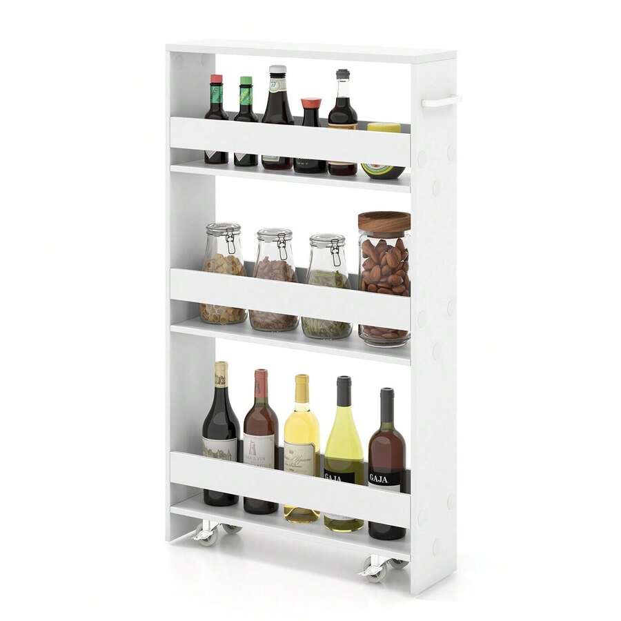 GOFLAME Slim Storage Cart W/Handle, 4-Tier Slide Out Utility Cart, Shelving Unit Organizer Trolley For Narrow Places, Perfect For Laundry, Kitchen, Living Room - White - View 1