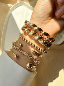 4pcs/Set Minimalist Punk Chic Vintage Coin Geometric Chain Bracelet & Bangle Set, Suitable For Women Vacation, Party, Date, Travel, Daily Wear