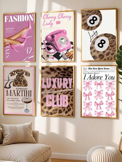 1pc Funky Pink Leopard Print Wall Art Fashion Woman Cheetah Print Pictures Wall Decor Funky Lucky 8 Ball Bow Preppy Y2k Aesthetic Poster Painting Prints Artwork For Girls Room Bedroom Dorm Apartment Unframed