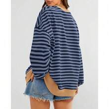 Womens Oversized Striped Sweatshirt Crewneck Long Sleeve Pullover Top Casual Y2K Spring Clothes 2026 Workout Shirt,Vacation Outfits Women,Valentine Outfits For Women,Street Photography - Blue Navy - 查看 2