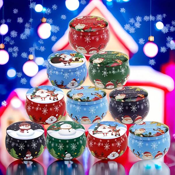 Juego de 10 tarros de vela perfumada de Navidad vacíos (con tapas) - Patrones de Papá Noel, copos de nieve y renos, tarros de metal multifuncionales, adecuados para decoraciones navideñas, Halloween, Pascua, Acción de Gracias, recipientes de metal reutilizables, estilo festivo alegre, decoraciones para fiestas, decoraciones navideñas, regalos de Navidad