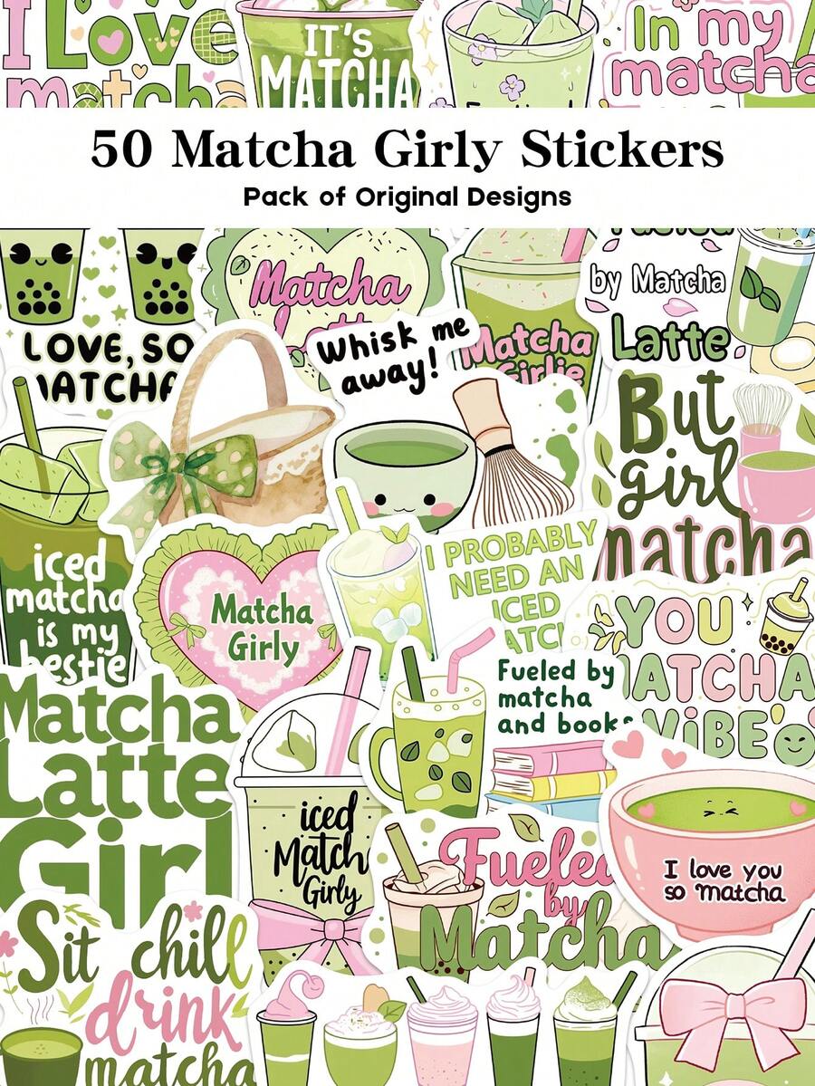 YWWBLD 50 张 Matcha Girly 贴纸非常适合节日礼物派对和家居装饰班级奖励生日礼物装饰剪贴簿笔记本电脑行李吉他水杯手机壳 DIY 贴花 - 彩色 - 查看 1