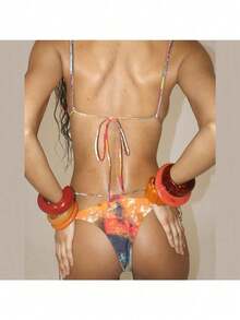 2025 Summer New Women's Fashion Retro Bohemian Style Printed Sexy Mesh Lace-Up Bikini Three-Piece Set - 彩色 - 查看 4