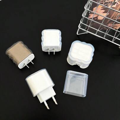1pc Charger Head Protective Case [UK 20W Charger Protective Cover] [EU 20W Charger Protective Cover] [US 18/20W Charger Protective Cover] Square/Wave Transparent, Transparent Black TPU Charger Head Protective Case, Anti-Dust