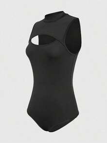 Women's Bodysuit With High Neck And Cutouts, Ideal For Summer Use - Black - View 3
