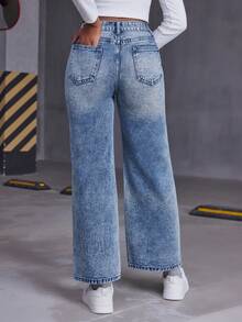 Calça jeans reta e solta casual para meninas adolescentes, versátil para todas as estações - Lavagem leve - Ver 2