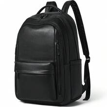 30L Large Capacity Waterproof Business Vintage Style 1pc Solid Color Pu Leather Men Women Backpack Shoulder Bag,Business Laptop Backpack For Men Women, 15.6" Travel Work Backpack Waterproof College Bookbag Purse Faux Leather, College Students, Rookies & White CollarWorkers,Perfect For Work.Business, Commute, College,Vacation Essentials&Back-To-School Essentials,Black - 黑色 - 查看 1