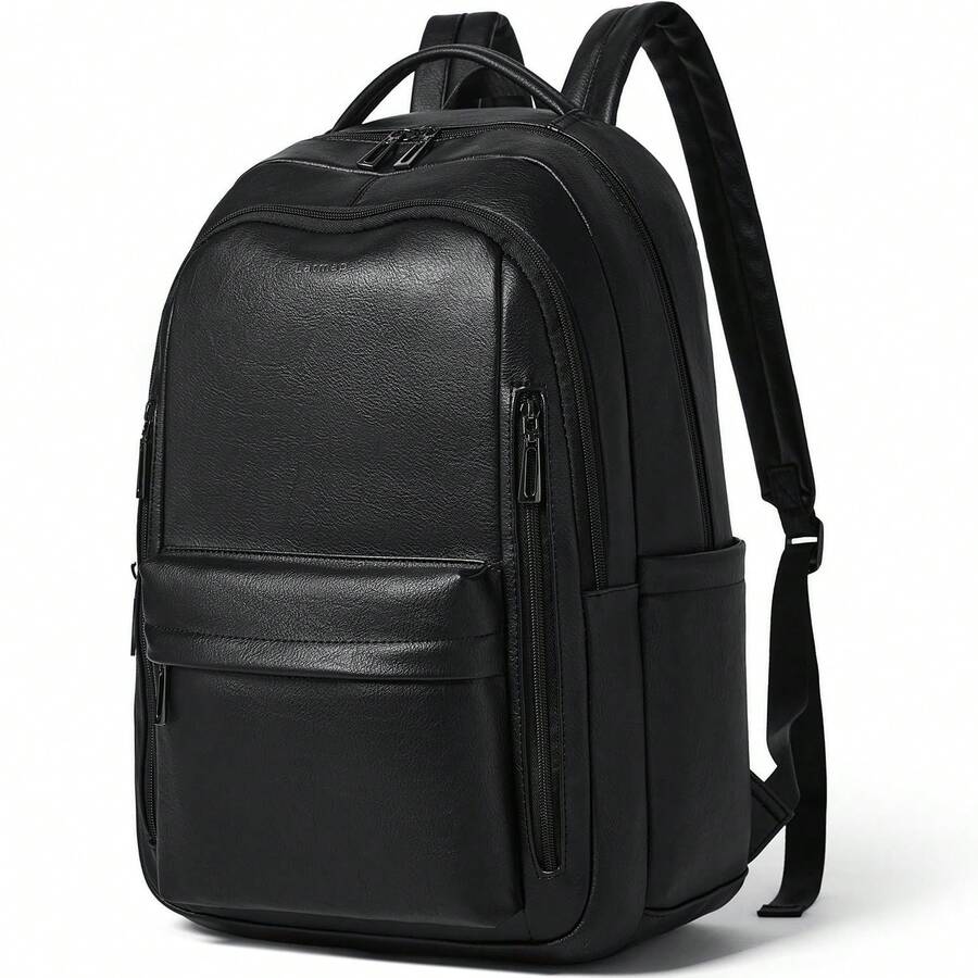 30L Large Capacity Waterproof Business Vintage Style 1pc Solid Color Pu Leather Men Women Backpack Shoulder Bag,Business Laptop Backpack For Men Women, 15.6" Travel Work Backpack Waterproof College Bookbag Purse Faux Leather, College Students, Rookies & White CollarWorkers,Perfect For Work.Business, Commute, College,Vacation Essentials&Back-To-School Essentials,Black - 黑色 - 查看 1