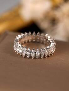 Anel de diamante microincrustado em forma de ferradura, joia fashion feminina com zircônia cúbica superbrilhante, banhado a cobre puro e ouro branco, adequado para casamento, festa e presentes de fim de ano - Espinélio de prata - Ver 3