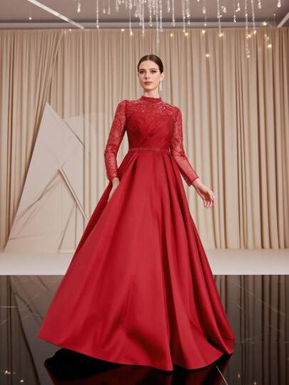 DELLA COUTURE Women Elegant Burgundy Mock Neck Satin Evening Gown, Bridal Bridesmaid Dress, Handmade Beaded Decoration Exquisite Fashion Slim Gorgeous Floor-Length Gown, Suitable For Parties, Dinners, Weddings And Other Formal Occasions Prom Guest Dress, Long Cocktail Dress With Big Swing, Party Dress