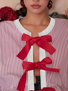 Women's Fashion Striped All-Over Print Contrast Color Bow Tie Ruffle Hem Blouse