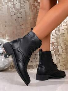 1 par de botas de tobillo de metal elegantes y a juego para mujer, diseño de tacón grueso cómodo, hasta la pantorrilla, cierre lateral con cremallera, adecuado para uso casual en otoño/invierno, botas Chelsea blanco