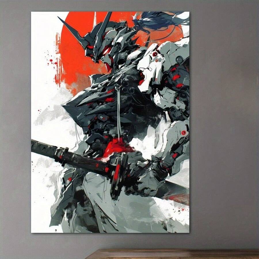 Anime Warrior Canvas Wall Art - High-Quality Print, Futuristic Samurai Design With Red Accents, Perfect For Home & Office Decor, Ideal Gift For Animation Fans, Living Room, Bedroom, Kitchen, Anime Room Decor