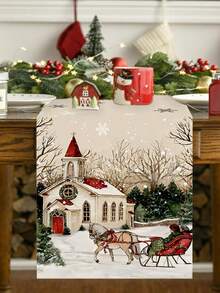1 pièce Nappe thème de Noël, 35x180cm, thème de Noël vintage, motif d'église enneigée, thème des fêtes de Noël pour décoration de table à manger, convient pour les restaurants, les salons, les rassemblements familiaux de Noël, tissu d'hiver.