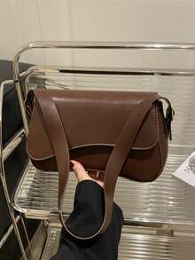 1pc Minimalist Solid Color Flap Shoulder Bag, Classic Textured Crossbody Bag, Women Handbag - Coffee - View 5