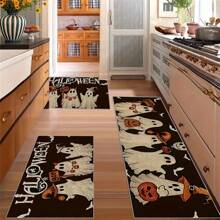 Halloween Ghost Pumpkin Kitchen Rug Set, Non-Slip Backing, Machine Washable, Polyester Bat, Ghost, Pumpkin Doormat, Suitable For Home Kitchen Decor, Short Plush Holiday Mat, Applicable For Thanksgiving, Christmas, Holiday Decoration
