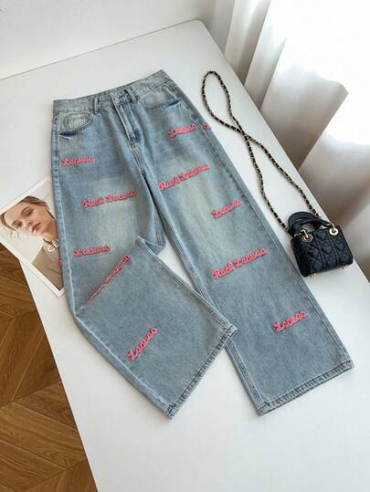 Long Denim Wide Leg Jeans For Women Light Wash With Pink Embroidery Letters Casual Cute Style Non-Stretch Button Zipper Details Pockets