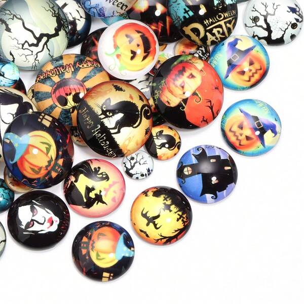 10pcs/Pack Halloween Pattern Round Glass Cabochons, Fashion Casual Evil Pumpkin Owl DIY Glass Cabochons For Necklace Ring Bracelet Jewelry Making Craft Supplies