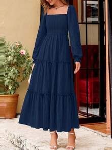 PRETTYGARDEN Women Elegant  Maxi Dresses For Fall Boho Long Sleeve Smocked A Line Ruffle  Wedding Guest Holiday Party Long Dress With Pockets New Years Valentine Vacation Spring Dresses For Women Vestidos Elegantes De Mujer - 藏蓝色 - 查看 6