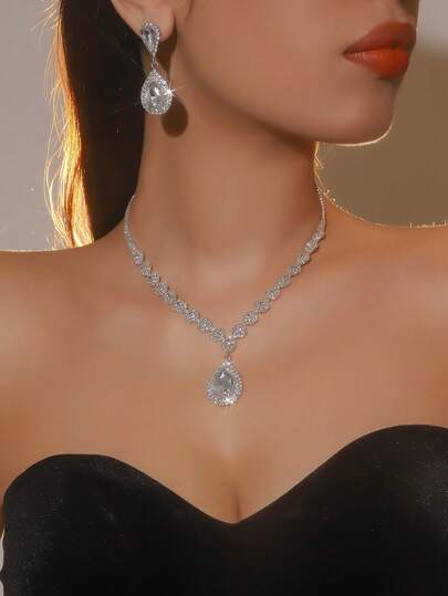 Retro Palace Bling Pendant Crystal Rhinestone Necklace Earrings Set Wedding Party Jewelry 3 In 1