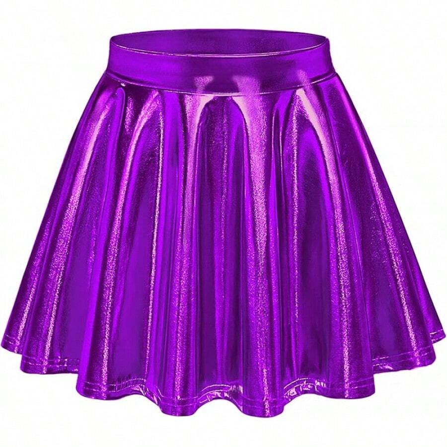Girls Metallic Skater Skirt Sparkly Shiny Flared Pleated A-Line Mini Skort - Màu tím - Xem 1
