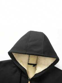 1 pièce Veste à capuche décontractée pour homme en polyester, à manches longues, avec peu d'élasticité, ourlet ouvert, fermeture à glissière, style régulier, manteau d'automne et d'hiver, version épaisse - Noir - Voir 10
