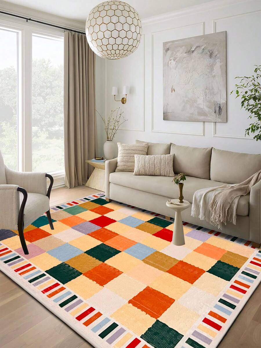 1 块彩色几何图案地毯，超细纤维短绒矩形地毯，易于护理和清洗，适用于客厅、走廊、床边、卧室、办公室、厨房、农舍家居装饰 - 彩色 - 查看 1