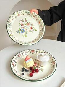 1pc Enamel Flower Pattern Plate, High-Quality Ins Style Breakfast/Dessert/Fruit Plate, Floral Design Enamel Dish For Home Use