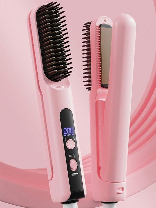 Cepillo alisador de cabello 3 en 1 con plancha, peine alisador de cabello, plancha portátil de 100-240V para viajes, mini peine alisador caliente de cerámica para mujeres