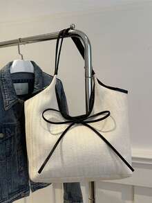 Portable Women's Bow Handbag, Suitable For University, Business, Work, Commuting, High School, Office, Elementary School, Middle School, High School, Workplace, Sports Venue, Workout, Large Capacity Shoulder Bag - Beige - View 8