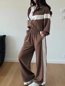 两件套拼色休闲优雅拉链连帽衫套装，适合春秋冬季运动、居家、办公、街头穿着。宽松长袖女式运动衫，适合休闲装、毕业装、返校装、女教师装 - 棕色 - 查看 2