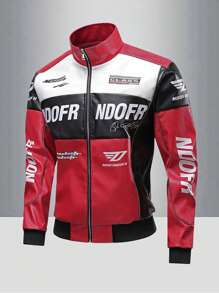 Men's Fashion Contrast Color Embroidered Leather Jacket Outerwear, Suitable For Riding, Racing, Spring & Autumn, Grunge