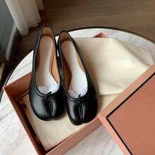 Sheepskin Version~ Genuine Leather Pig's Hoof Shoes Split Toe Shoes Women's Horse Hoof Flat Bottom Loafers Slip-On Shallow Mouth Ballet Flats Elegant Women's Shoes - 黑色 - 查看 1
