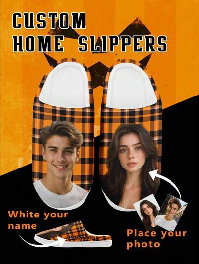 Halloween Women's Custom Photo And Name Home Slippers. Personalized Plaid Indoor Slippers. Cozy Warm Plush Shoes For Home Use, Funny Halloween Gift For Mom/Dad/Her/Him/Girlfriend/Boyfriend/Wife/Husband/Friend, Unique Halloween Decor Footwear