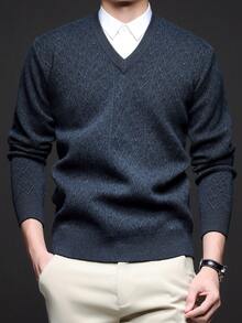 男士V领厚针织衫，商务/通勤，秋冬季，长袖上衣 - 橄欖綠 - 查看 7