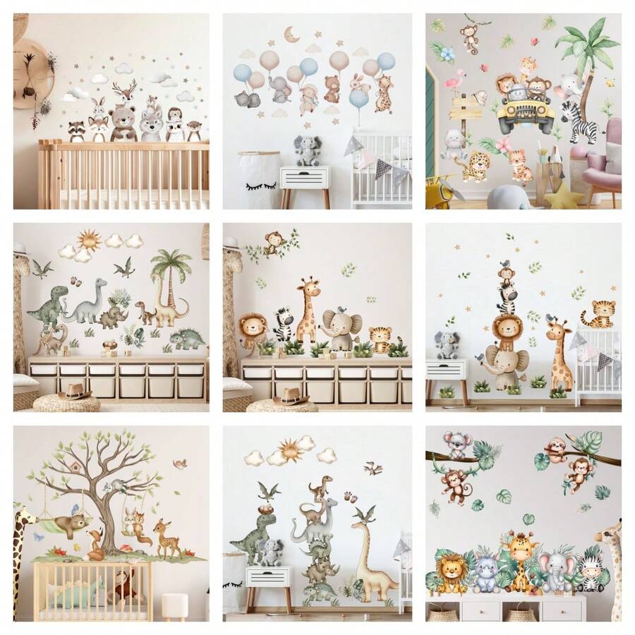 1 set Pegatinas de pared con decoración de habitación de reunión de animales jirafa de dibujos animados, pegatinas de pared para dormitorio, sala de estar, decoración de primavera, artículos de decoración para refrescar su hogar, pegatinas de decoración de ramas, regalos de cumpleaños y graduación - Multicolor - Ver 1