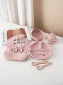 8PCS Print On Demand Custom Name Pattern Baby Silicone Tableware Set Personalized Customization Sucker Bowl Plate Leakproof Baby Cup Baby Bib Soft Spoons Forks,Halloween Edit,Back To School Fashion,Christmas Gift - Multicolor - View 6