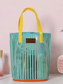 1个大号女士沙滩手提包，防水防沙，带拉链口袋，女士游泳包，彩色条纹装饰，适合存放洗漱用品、化妆品、收纳物品，也适合学校、大学、宿舍、邮轮旅行、沙滩必备品、沙滩巾收纳、沙滩配件、夏季度假必需品。 - 彩色 - 查看 3
