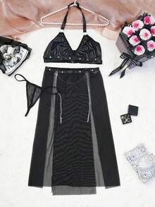 3 pièces Ensemble de lingerie sexy femme robe maxi fendue en maille avec sangle métallique en cuir verni noir, convient pour la maison, les fêtes privées ou les sorties en boîte de nuit - Noir - Voir 8