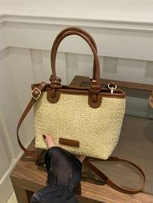 Bolso de paja tejida y bolso de hombro de estilo de playa de vacaciones 2025, elegante bolso de cesta con nudo de cuerda - Marrón - Ver 11