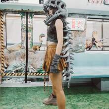 恐龙骨架面具 - 毛茸茸的霸王龙头骨连帽面具，带柔软毛绒下颚，适合儿童和成人，趣味恐怖万圣节角色扮演，恐龙派对礼物，带有咆哮音效（均码） - 彩色 - 查看 4