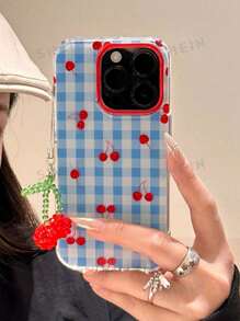 1pc Minimalist Plaid Cherry Compatible With IPhone 16 Phone Case, IPhone 15 Pro Max New Model 13 Protective Cover 14/12 Full Coverage 16 Niche With Cherry Pendant Phone Case