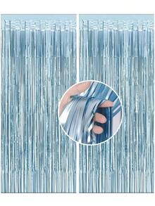 3 件装哑光浅蓝色流苏箔帘 - 3.3 英尺 x 6.6 英尺金属丝背景帘 - 蓝色流苏，适用于单身派对、新娘送礼会装饰、生日派对、照相亭 - 海岸主题、航海装饰、门廊及派对用品 - 彩色 - 查看 1