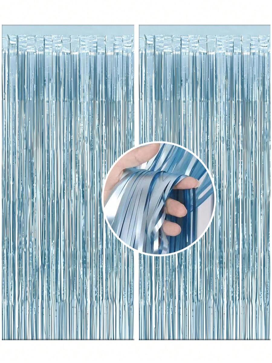 3 件装哑光浅蓝色流苏箔帘 - 3.3 英尺 x 6.6 英尺金属丝背景帘 - 蓝色流苏，适用于单身派对、新娘送礼会装饰、生日派对、照相亭 - 海岸主题、航海装饰、门廊及派对用品 - 彩色 - 查看 1