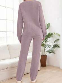 tooluck Women's Casual Pajama Set Fuzzy Fleece Knitted Long Sleeve Pj Loungewear Dusty Purple - 淺灰紫 - 查看 2