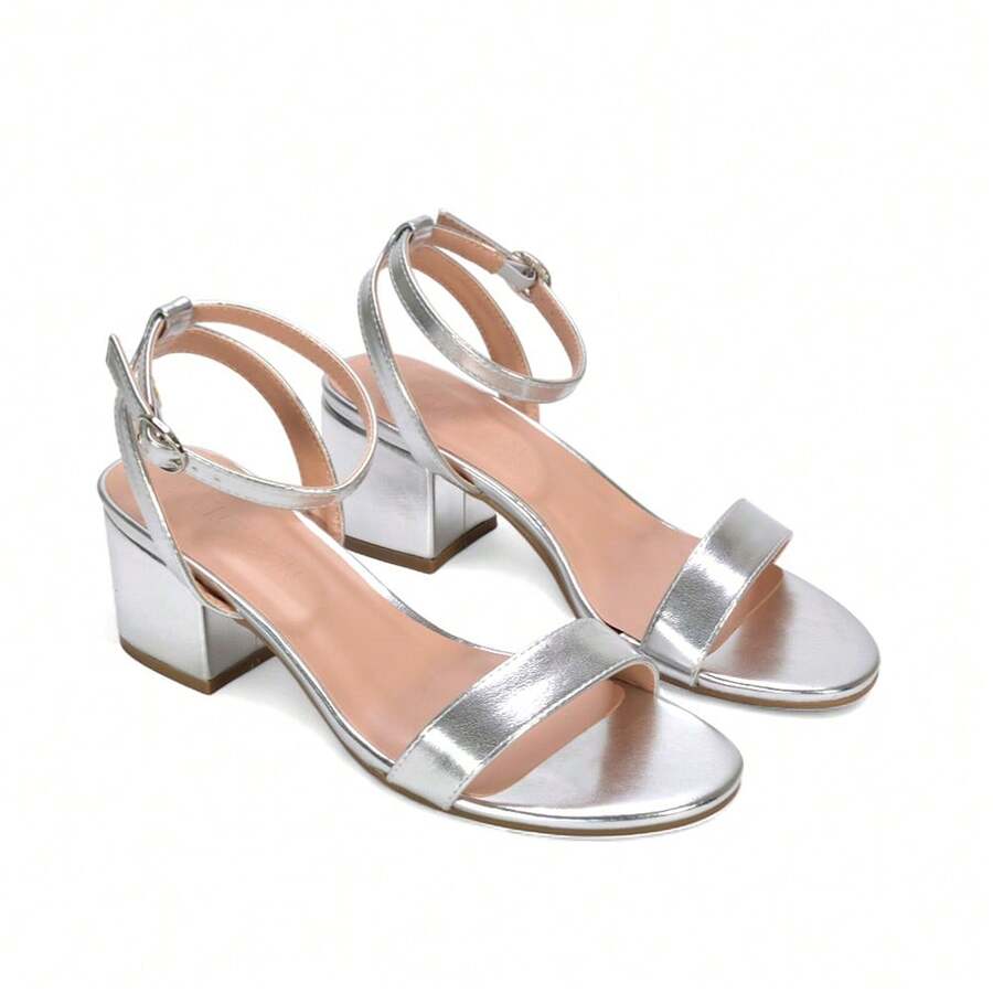 XY LONDON Gemma Low Block Heel Open Toe Strappy Sandal Shoes With Round Buckle Fastening For Spring Summer - Silver - View 1