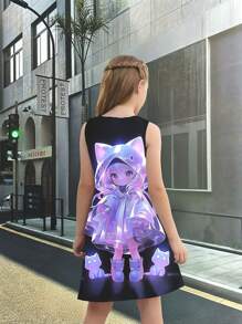 女孩休闲 3D 卡通人物无袖可爱连衣裙，适合日常穿着、度假、优雅派对、毕业典礼、返校、圣诞节